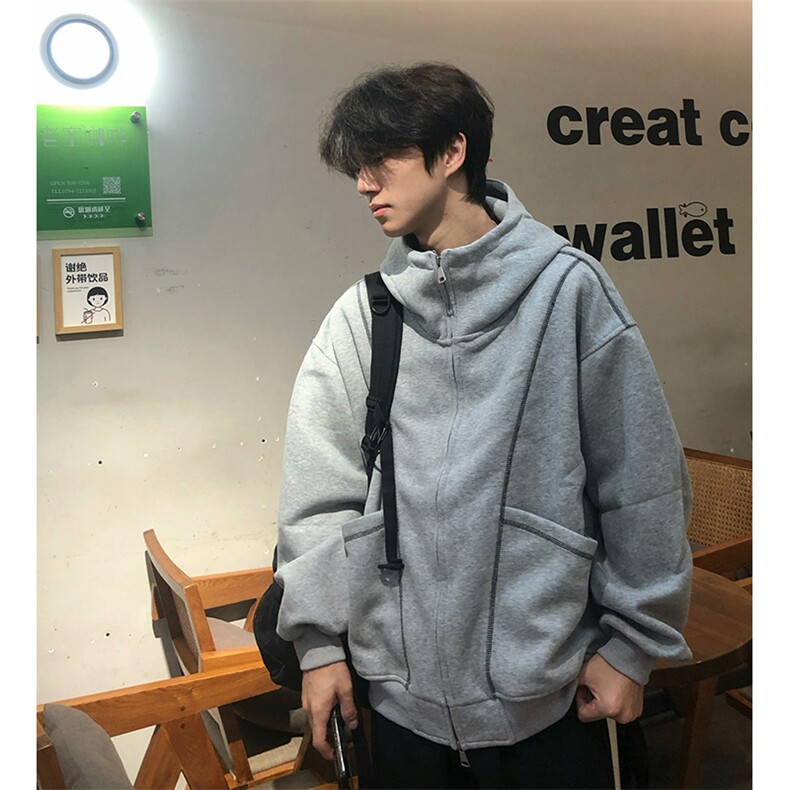 抖音得物高品质秋冬美式高街重磅结构辑明线纹理连帽卫衣外套W111,女装短外套,电商A486-1