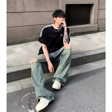 抖音得物品质夏季美式高街纯棉三条杠织带男女短袖T恤ZD588特25，男装T恤，电商A486-1