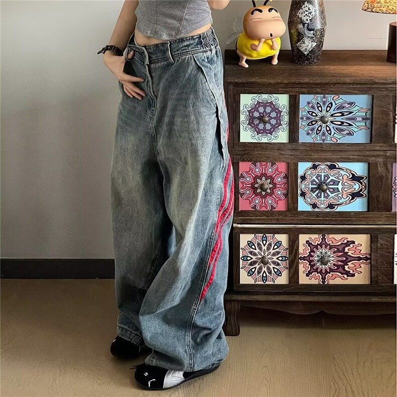 红色三条杠牛仔裤男美式直筒休闲宽松阔腿裤潮牌做旧痞帅高街长裤图片