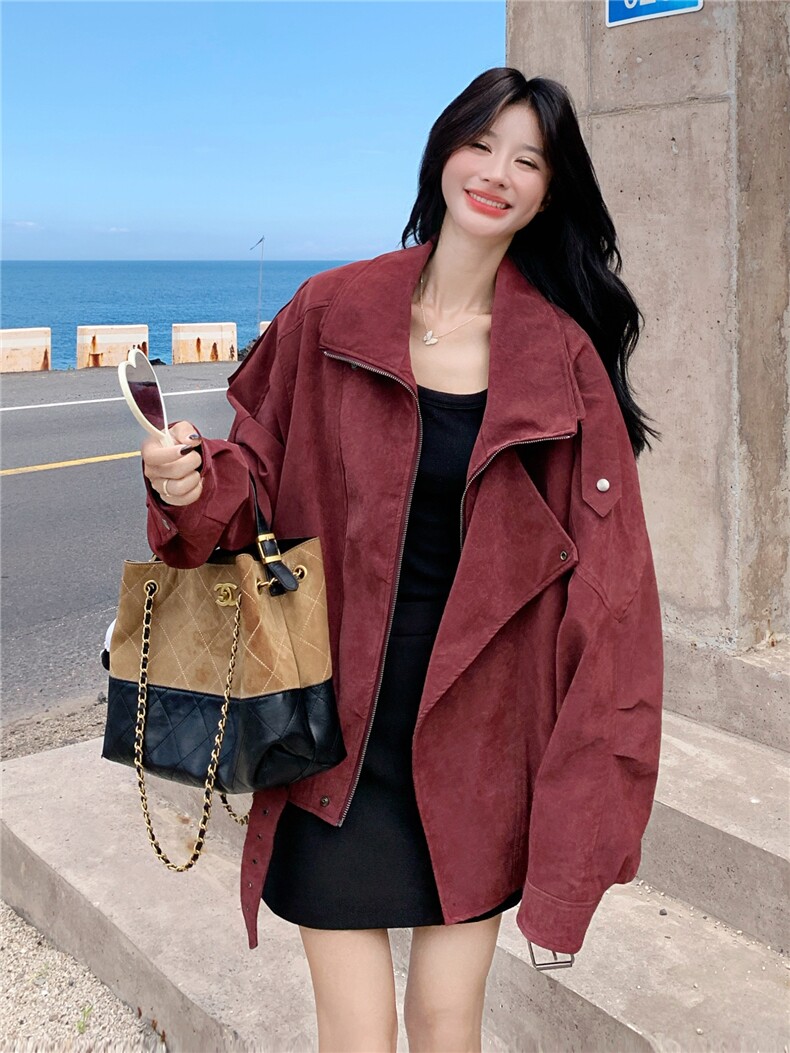 美拉德复古早秋氛围感烟红夹克外套设计感小众宽松休闲工装机车服,女装皮衣,2C259
