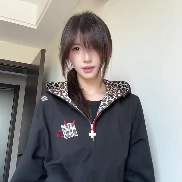 拼接格纹撞色卫衣外套女秋冬美式2025新款休闲拉链开衫潮,女装短外套,星座218-8