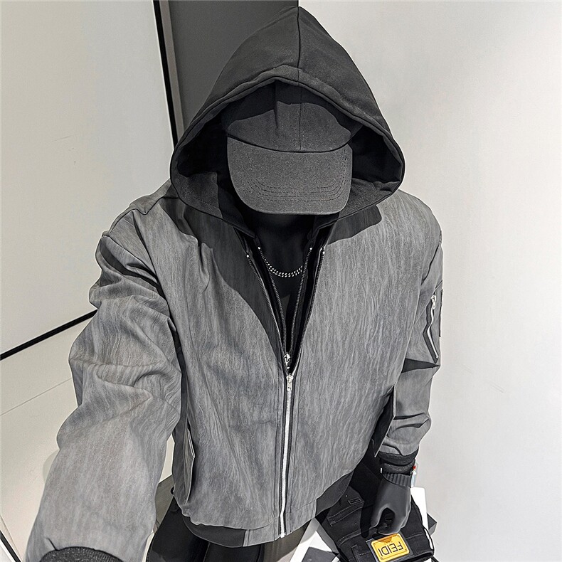 秋款男假两件连帽夹克衫PU皮扎染拼色拉链口袋外套皮衣7738P77,男装皮衣,星座410-2