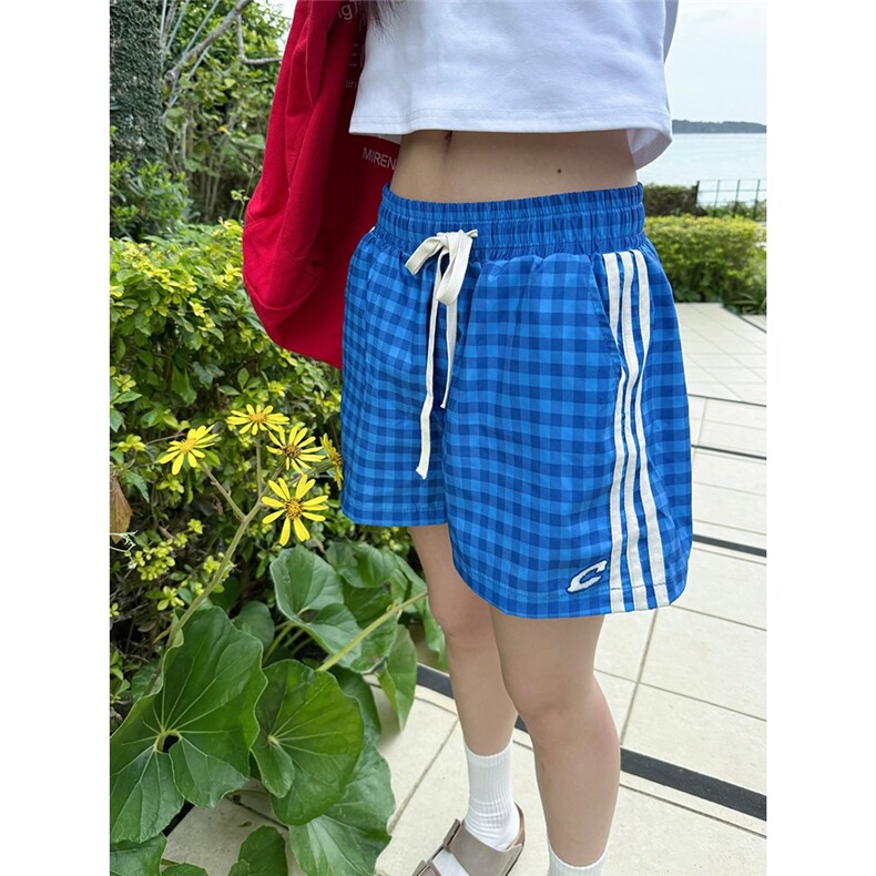 自制美式撞色格纹直筒三分裤男女夏季简约宽松休闲百搭短裤,男装牛仔裤,星座1210-1