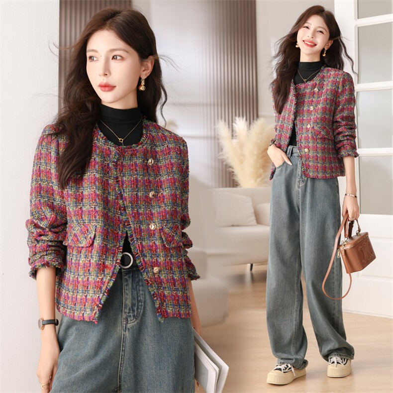 韩城.复古编织格子短款外套女2025春季小香风斜扣翻领显瘦洋气s，女装短外套，梦懿尔