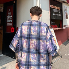 2026夏美式扎染印花冰丝冰凉格子男五分袖T恤T5508/特P25紫色，男装T恤，电商A094
