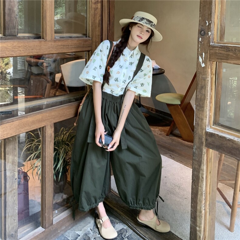 韩系学院风穿搭印花衬衫军绿色背带裤两件套女夏新款工装显瘦套装,女装套装/套裙,2C120
