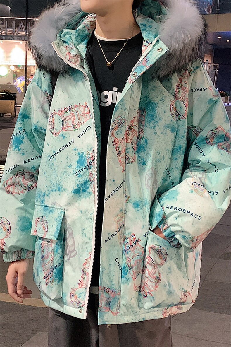 冬装涂鸦太空人大毛领加厚连帽情侣棉衣外套Y299P130男类,男装棉衣,电商A071