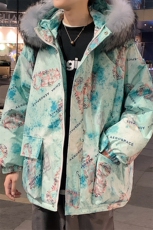 冬装涂鸦太空人大毛领加厚连帽情侣棉衣外套Y299P130男类，男装棉衣，电商A071