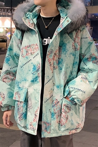 冬装 涂鸦太空人大毛领加厚连帽情侣棉衣外套 Y299 P130 男类图片