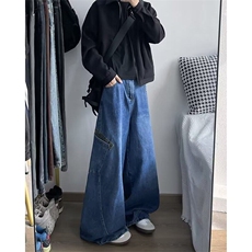 美式复古街头设计感廓形弯刀牛仔裤宽松阔腿拖地长裤香蕉裤镰刀裤，男装牛仔裤，星座410-7