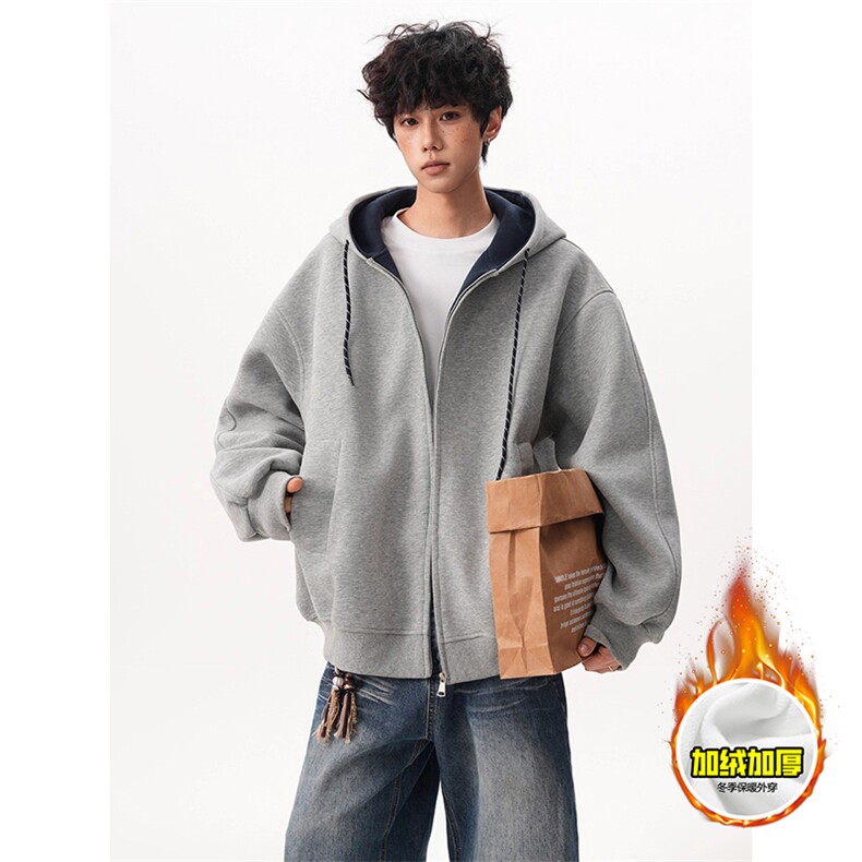 480G重磅加绒硬挺boxy男女秋冬美式高街双层撞色连帽卫衣开衫外套，女装短外套，电商A486-1