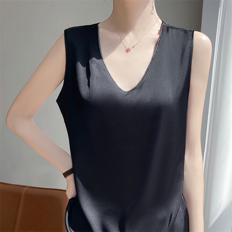 丝绸真丝缎面2025年夏季新款V领背心吊带女内搭纯色无袖T恤通勤，女装背心吊带，暖习羊绒