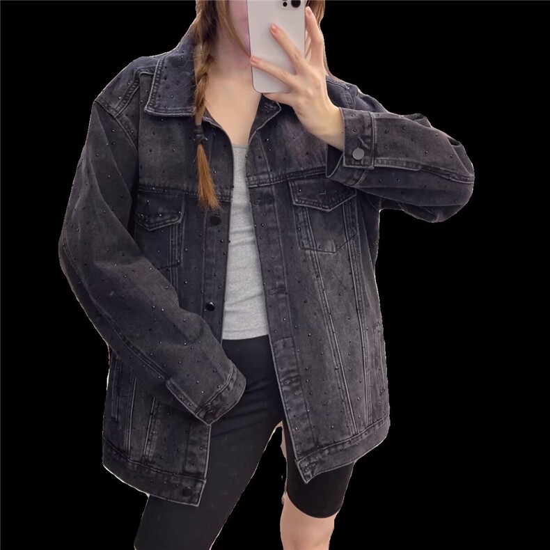 水洗烫钻牛仔外套女春秋新款复古美式韩版宽松休闲气质高级感上衣图片