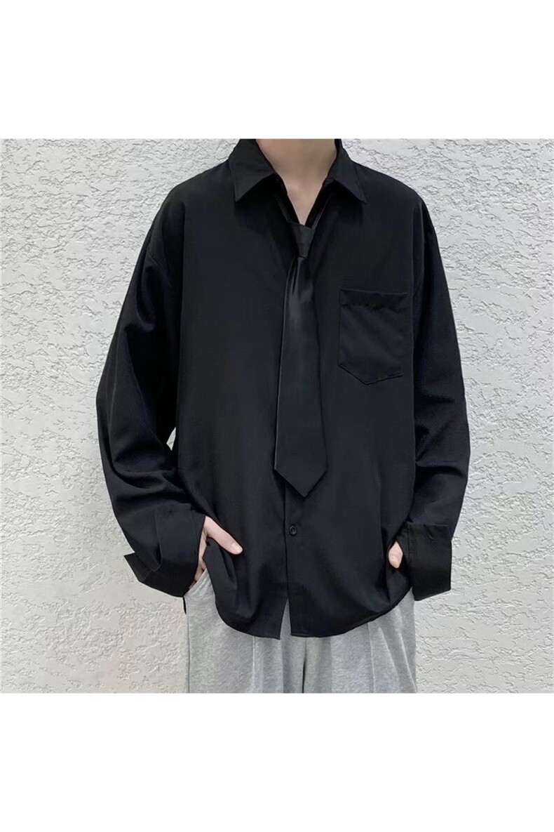 配领带纯色内搭长袖衬衫男港风帅气简单外穿衬衣C319/P30,男装衬衫,电商D202-1