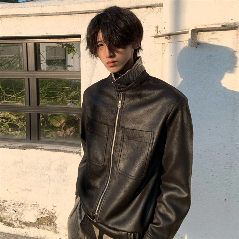 JK8563-P77霜冻裂纹千鸟格内里PU皮猎装皮衣夹克男Cleanfit潮牌，男装皮衣，电商B323A