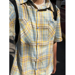 格子衬衫男夏季美式复古翻领短袖高级感潮牌廓形外套 C201图片