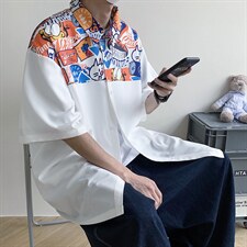 衬衫男士港风短袖冰丝T恤宽松休闲外套A071-C36-P38，男装衬衫，电商A071