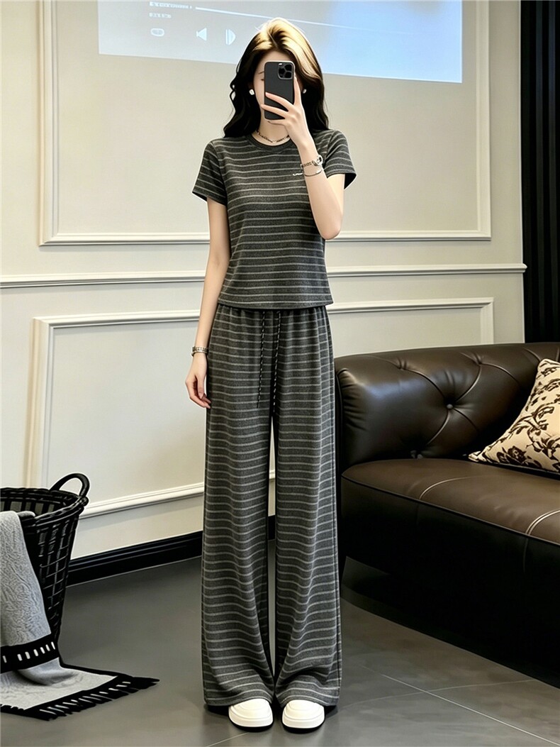 欧货时尚休闲套装女夏季新款圆领条纹撞色短袖上衣阔腿长裤两件套,女装套装/套裙,江南