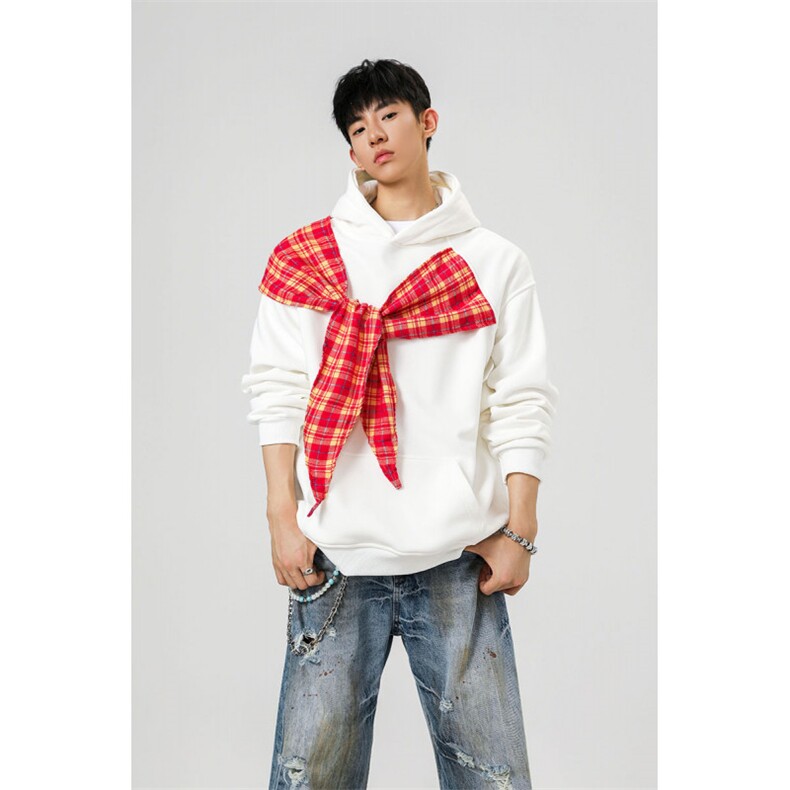 拼接格子绑带设计重磅秋冬全棉高品质美式高街连帽卫衣外套Y7709，女装短外套，电商A486-1