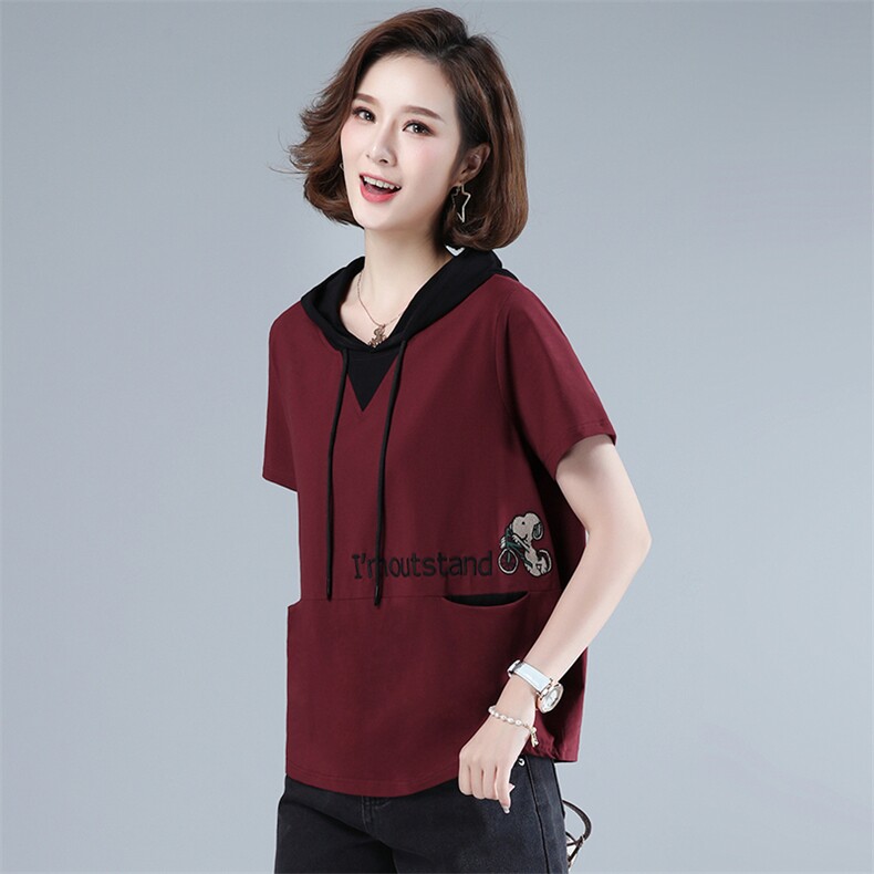 短袖T恤女2024夏装新款上衣连帽休闲抽绳字母印花气质显瘦，女装T恤，梦芯尔