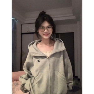 2025新款灰色拉链开衫连帽卫衣女宽松遮屁股春秋薄款上衣外套图片