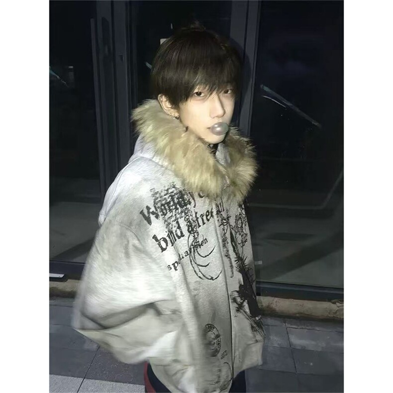 网图有货 美式复古毛领拉链开衫涂鸦印花连帽卫衣男女 A1281-P66图片