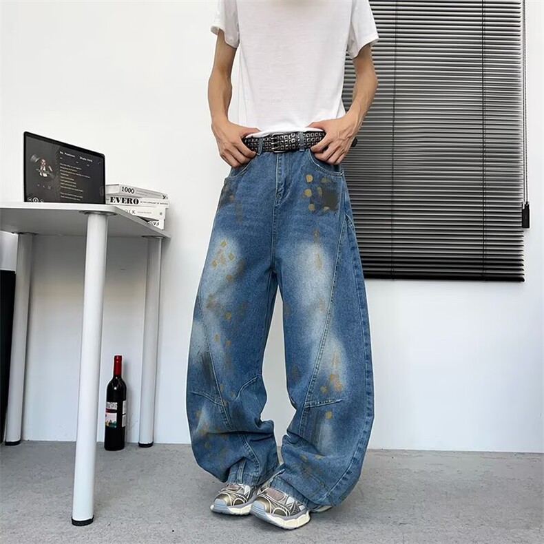 做旧水洗弯刀牛仔裤男夏季潮牌宽松阔腿裤百搭牛仔长裤1599P57，男装牛仔裤，星座410-2