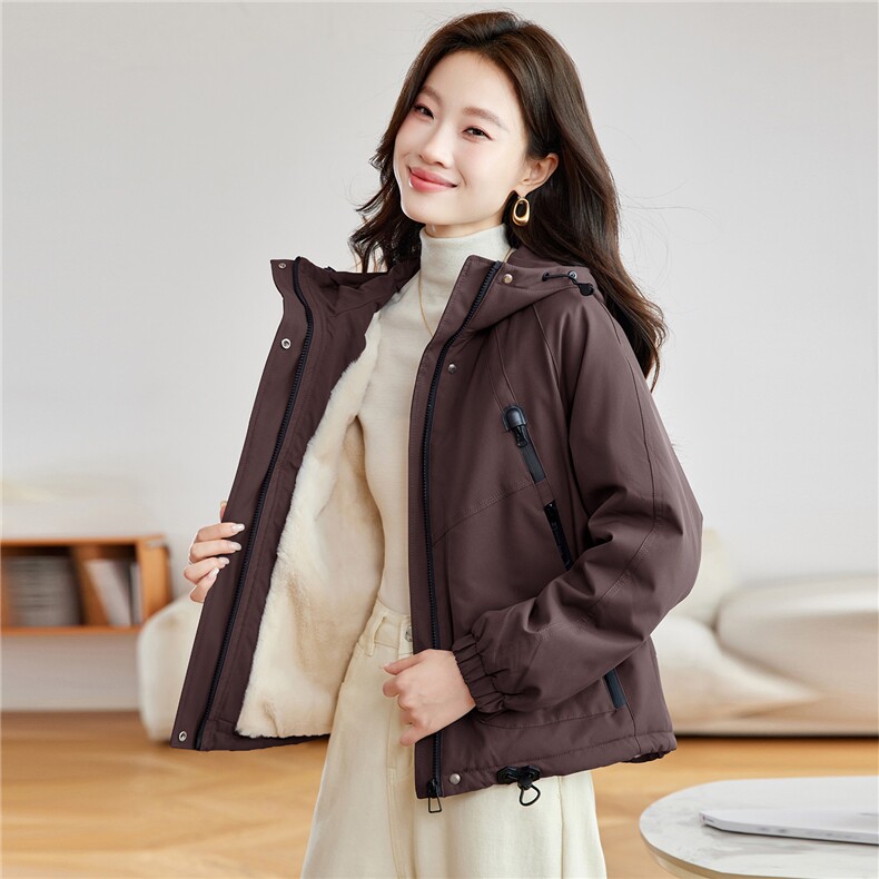 休闲连帽加绒加厚派克服外套女2025秋冬新款小个子短款宽松冲锋衣，女装棉衣/棉服，沐七七