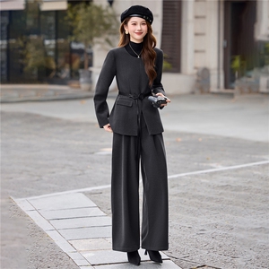 现货毛呢套装女2025年冬季新款女装时尚气质休闲外套阔腿裤送腰带图片