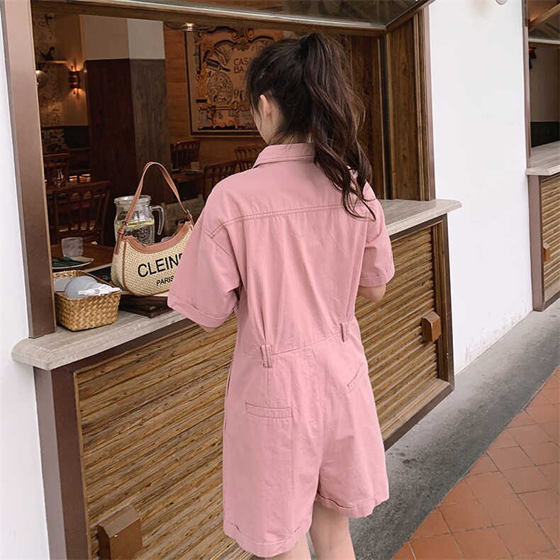 小个子粉色连体短裤女2023夏新款韩版网红少女工装辣妹连衣裤,女装连体裤,2C037