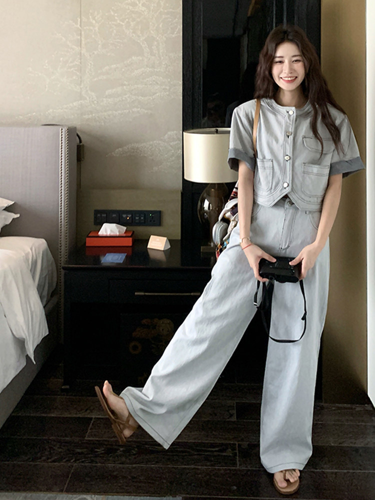 甜酷气质减龄牛仔套装女2025夏季新款设计感圆领上衣阔腿裤两件套,女装套装/套裙,浙宝220