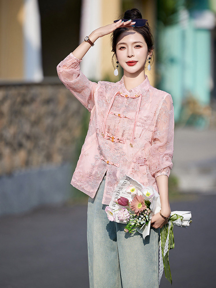 新中式国风刺绣欧根纱薄外套女2025春夏新款气质百搭防晒开衫上衣,女装防晒衣,艾仟回(原伊仟回)
