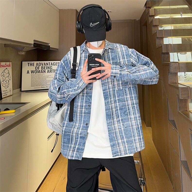 现货复古晕染格子长袖衬衫女高级感慵懒风外套男C19-P50控78,男装衬衫,星座205-5