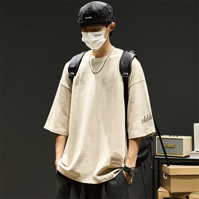 夏季大码重磅潮流短袖t恤男宽松圆领加肥加大休闲字母刺绣七分袖，男装T恤，星座1210-1