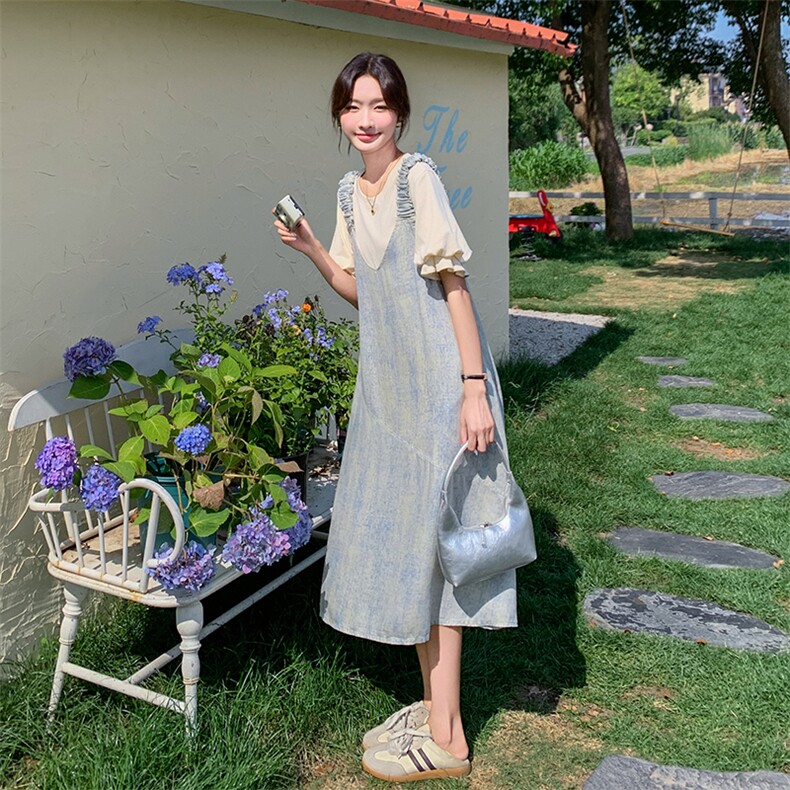 短袖夏季翻领中长裙宽松腰连衣裙法式宽松牛仔辣妈,女装套装/套裙,2C113