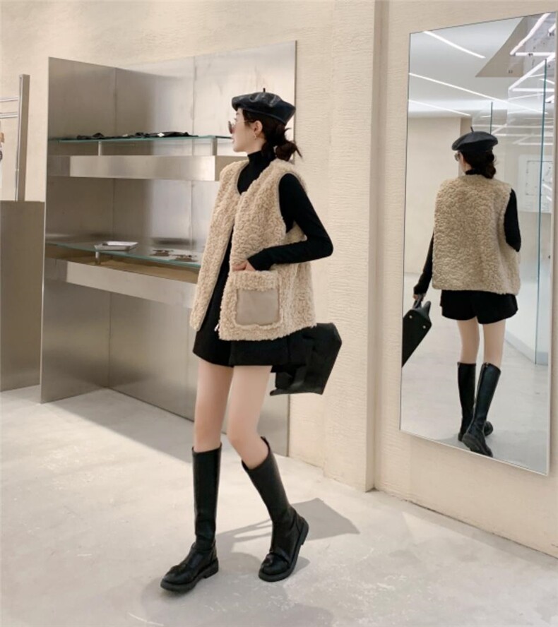 口袋拼麂皮马甲，女装马甲，吉之红