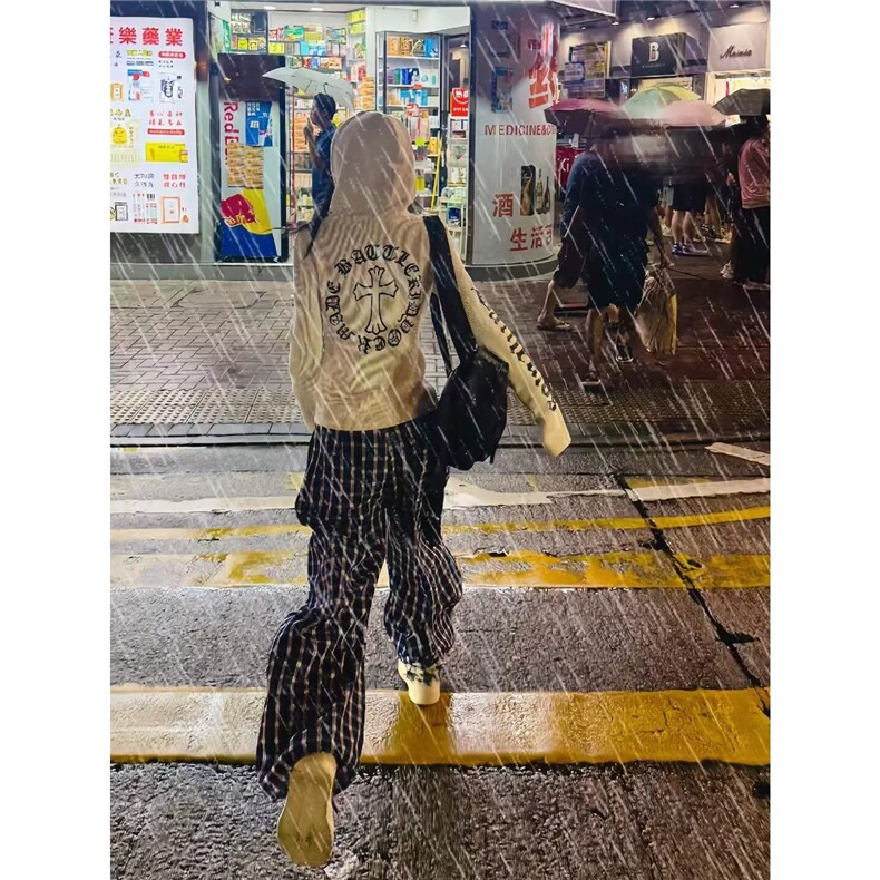 排扣格子裤男慵懒松弛感裤子加长款高个子潮牌痞帅炸街直筒拖地裤,男装休闲裤,星座1008