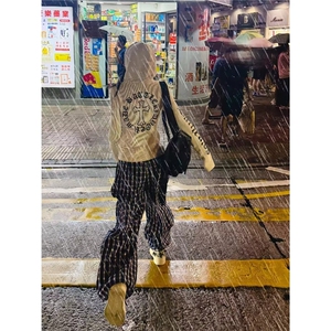 排扣格子裤男慵懒松弛感裤子加长款高个子潮牌痞帅炸街直筒拖地裤图片
