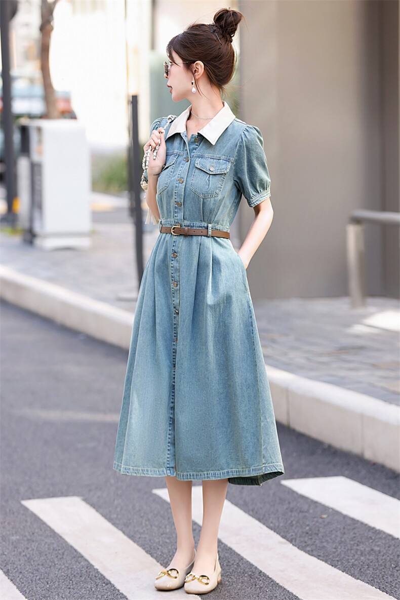 短袖牛仔连衣裙女夏薄款2025年新款腰带高级感显瘦法式衬衫裙收腰,女装连衣裙,意芙