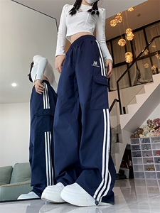 美式复古紫色工装牛仔裤女大码胖辣妹高腰宽松阔腿多巴胺裤子图片