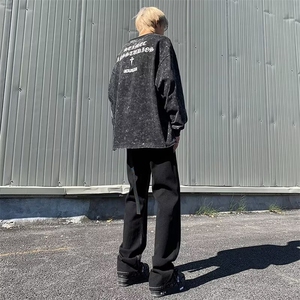 美式高街vibe牛仔裤男ins潮嘻哈宽松直筒微喇cleanfit黑色长裤子