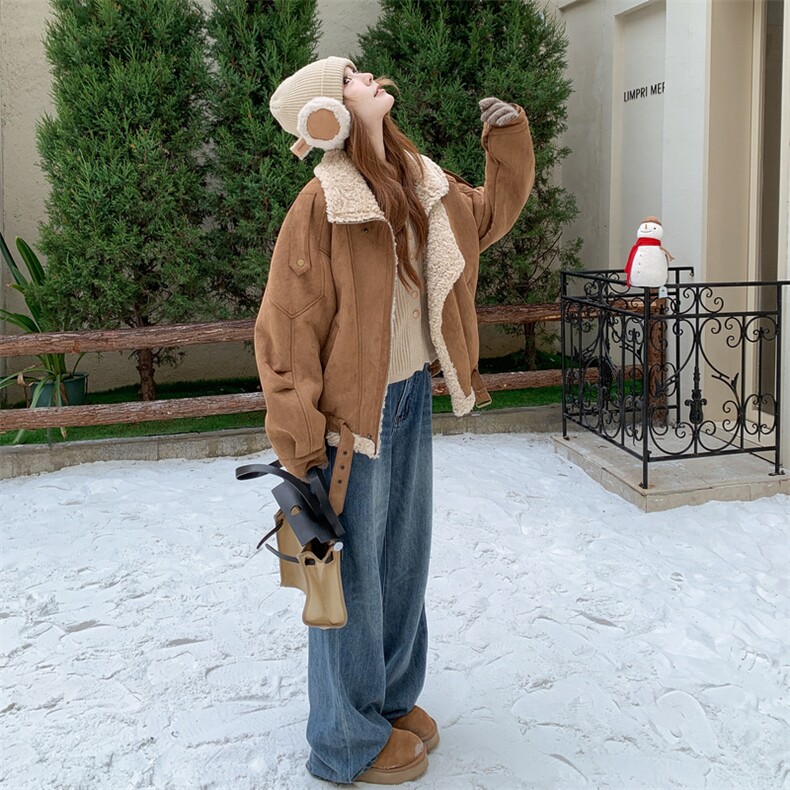 棕色皮毛一体羊羔毛机车外套女秋冬2025新款酷飒风炸街超好看棉服,女装皮草,2C210
