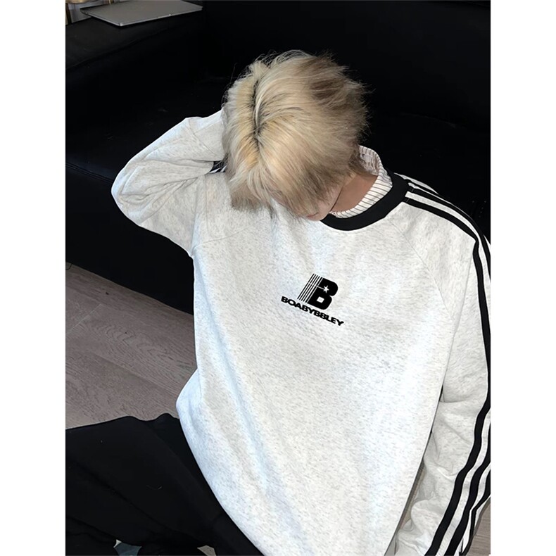 抖音得物品质支持退换480克宽松全棉加绒三条杠印花卫衣A0502，男装卫衣，电商A443