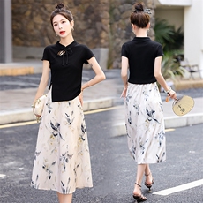 2025年夏季新款时尚新中式印花盘扣立领半身裙两件套，女装套装/套裙，蓝诺裳