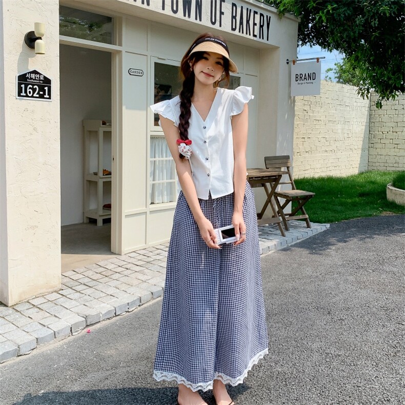 法式温柔风小飞袖衬衫格纹阔腿裤套装女夏两件套223-1361P145K198,女装套装/套裙,莘蕾