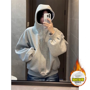 480G重磅加绒硬挺boxy 男女秋冬美式高街卫衣铆钉拼接开衫厚外套图片
