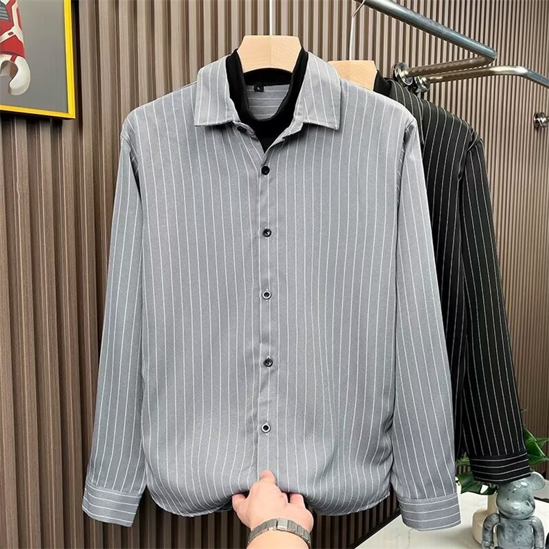 夏季条纹常规宽松型男士高级感假两件衬衫翻领长袖Q803/P45,男装衬衫,星座506B