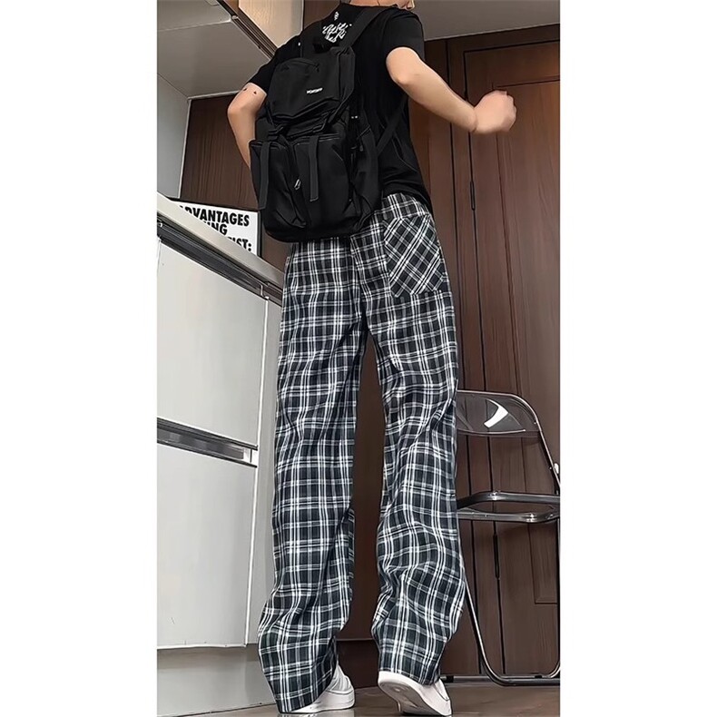 美式复古暗红格子裤男秋季潮牌设计感褶皱裤子宽松阔腿直筒微喇裤,男装休闲裤,星座1013-5