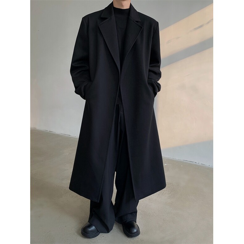 现货！25无扣宽松垫肩中长款黑色高品质大衣外套风衣MJ1055-P138，男装风衣，电商B288