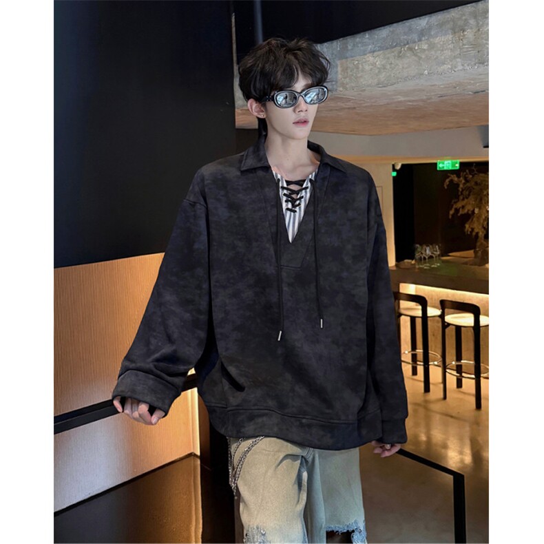 WY10151-特P48控88小众扎染撞色拼接条纹假两件大码男宽松卫衣,男装卫衣,电商A059